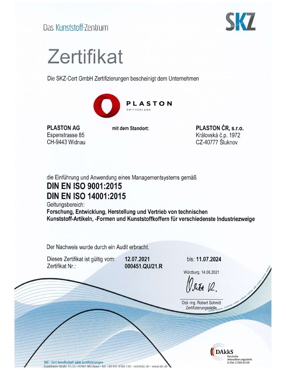 PLASTON ISO Zertifikat 9001:2015 & 14001:2015